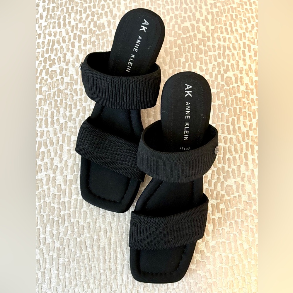 NWOT- Anne Klein Black Knit Slide Sandals with Kitten Heels